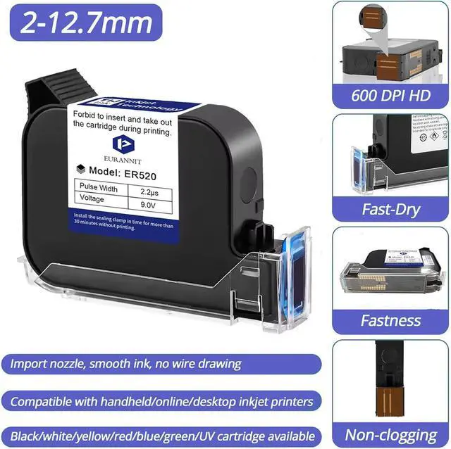 Alt view image 2 of 6 - Ennovor Original Black Ink Cartridge 0.5inch, 42ml Quick Dry Solvent Ink Replacement for 260E Automatic Inkjet Coding Machine