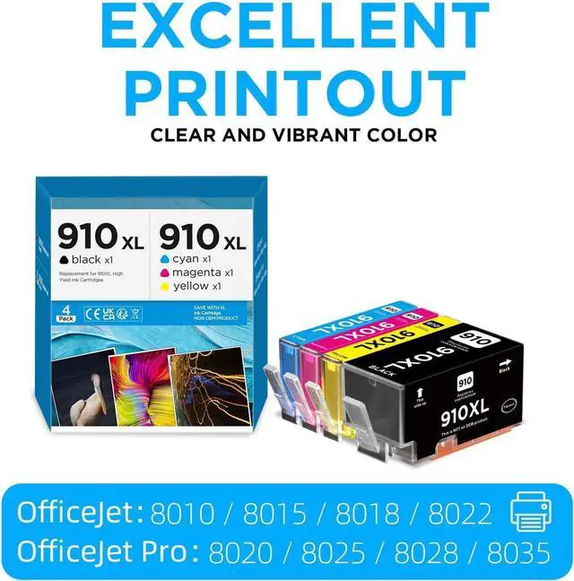 Alt view image 2 of 7 - Ennovor Compatible 910XXL 910 XL Ink Cartridges Replacement for HP 910xl Ink Cartridges Combo Pack Work for HP OfficeJet 8010 8015 8022 Pro 8025e 8020 8025 8028 8030 8035 Printer 4-Pack