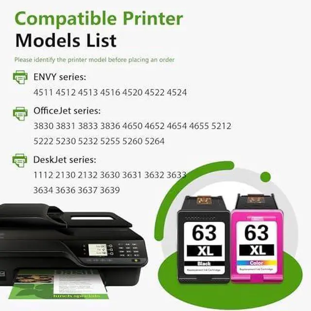 Alt view image 2 of 6 - Ennovor 63XL Ink Cartridges Replacement for HP Ink 63 63XL Compatible with OfficeJet 3830 4650 5255 5258 4655 4652 3833 Envy 4520 4512 DeskJet 1112 3630 Printer