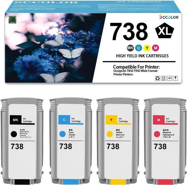 Main image of Ennovor 738 Ink Cartridge Replacement for HP 738 Ink Cartridges 130-ml Black Cyan Yellow Magenta Works for DesignJet T850 T950 Wide Format Printer Plotters(498N5A 498N6A 498N7A 498N4A 4-Pack)