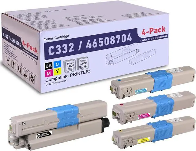 Main image of Ennovor 4 Pack BK/C/M/Y 46508704 Compatible C332 Toner Cartridge, Replacement for OKI C332 (46508704) - Compatible with: C332 C332dn MC363 Printer | Up to 4,000 Pages 1 Each
