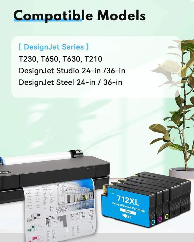 Alt view image 2 of 7 - Ennovor 712XL 712 Ink Cartridges High Yield (5-Pack, 80-ml 2Black + 29-ml 1Cyan/1Magenta/1Yellow) Replacement for HP Ink 712 712XL for DesignJet T210 T230 T630 T650 Studio Plotter Printer