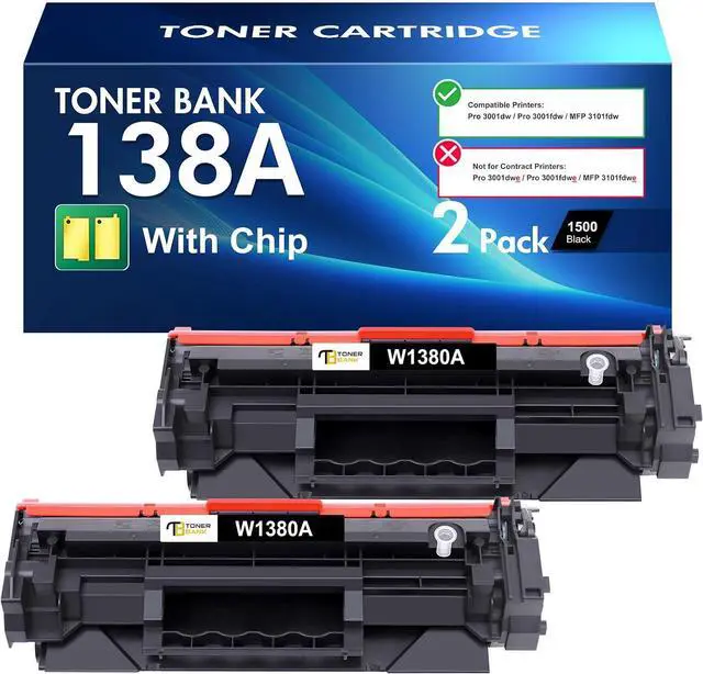 Main image of Ennovor 138A Black Toner Cartridges 2 Pack (with Chip) Compatible Replacement for HP 138A 138X W1380A W1380X for HP Pro 3001dw 3001fdw MFP 3101fdw Series Printer Ink