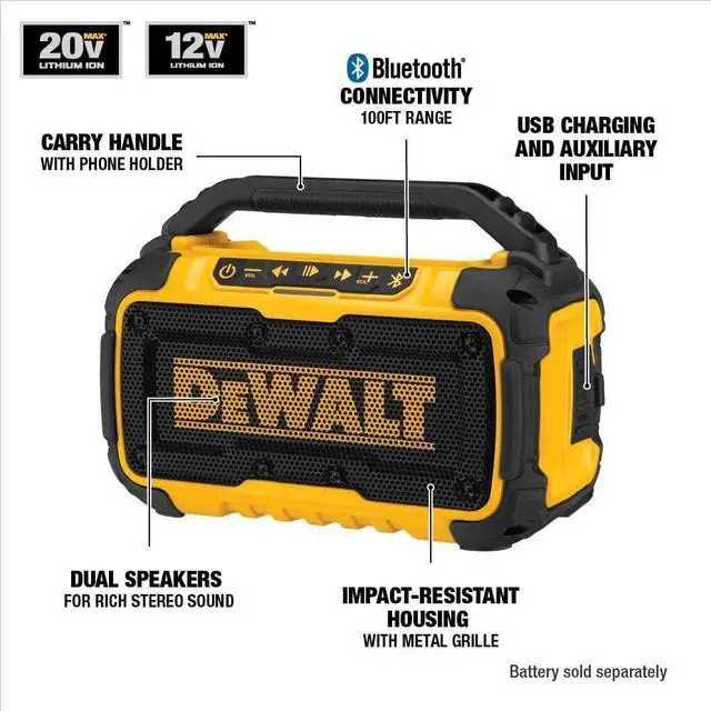 Alt view image 2 of 7 - DEWALT 20V MAX Bluetooth Speaker, 100 ft Range, Durable for Jobsites, Phone Holder Included, Lasts 8-10 Hours with Single Charge (DCR010)