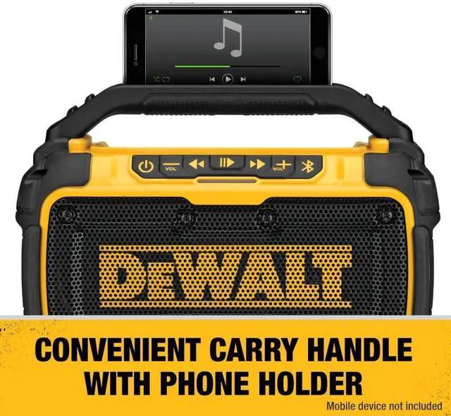 Alt view image 6 of 7 - DEWALT 20V MAX Bluetooth Speaker, 100 ft Range, Durable for Jobsites, Phone Holder Included, Lasts 8-10 Hours with Single Charge (DCR010)