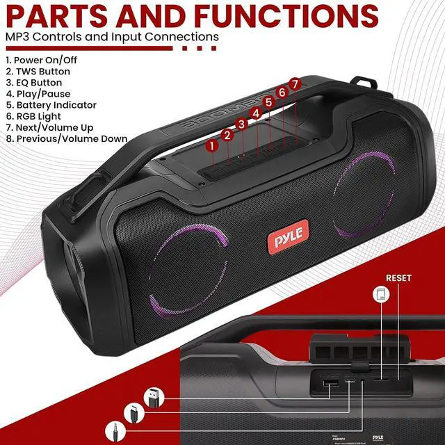 Alt view image 2 of 7 - Pyle Wireless Portable Bluetooth Boombox Speaker - 40W 2Ch Waterproof Rechargeable Speaker Loud Stereo System w/Google Assistant/Siri Voice Control, TWS Function, Micro SD, RGB Lights