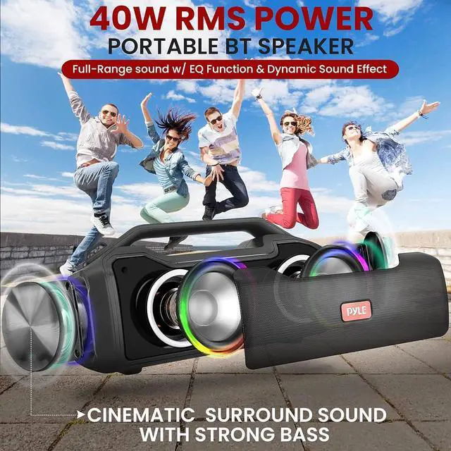 Alt view image 3 of 7 - Pyle Wireless Portable Bluetooth Boombox Speaker - 40W 2Ch Waterproof Rechargeable Speaker Loud Stereo System w/Google Assistant/Siri Voice Control, TWS Function, Micro SD, RGB Lights