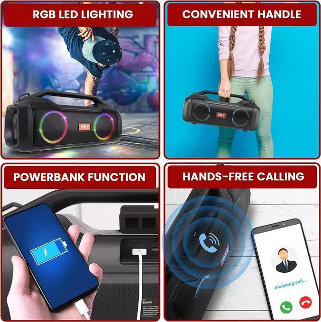 Alt view image 6 of 7 - Pyle Wireless Portable Bluetooth Boombox Speaker - 40W 2Ch Waterproof Rechargeable Speaker Loud Stereo System w/Google Assistant/Siri Voice Control, TWS Function, Micro SD, RGB Lights