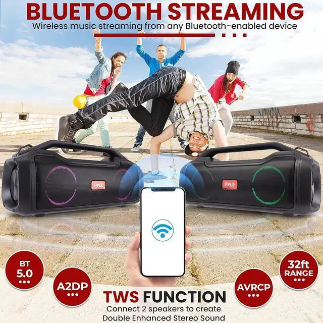 Alt view image 4 of 7 - Pyle Wireless Portable Bluetooth Boombox Speaker - 40W 2Ch Waterproof Rechargeable Speaker Loud Stereo System w/Google Assistant/Siri Voice Control, TWS Function, Micro SD, RGB Lights