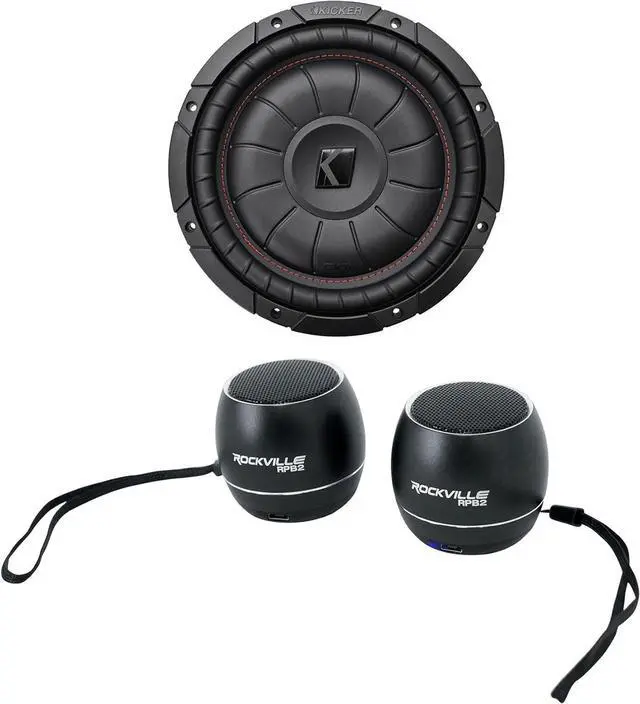 Main image of KICKER 43CVT102 COMPVT 10" 800w SVC 2-Ohm Slim Shallow Car Subwoofer Sub CVT10-2 Bundle with (2) Rockville RPB3-BLACK Portable Bluetooth Speakers (3 Items)