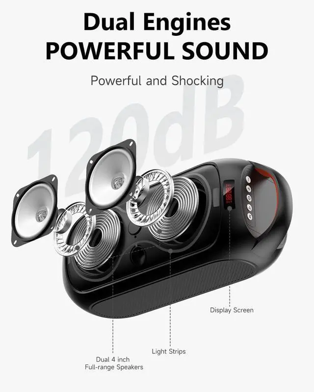 Alt view image 3 of 7 - Portable Bluetooth Speaker 120dB Loud with Beat Sync LED Lights - 5 RGB Modes, Bluetooth 5.3, 30H Playtime, USB/TF/AUX/FM/Mic, TWS Pairing - IPX5 Waterproof for Outdoor, Party, Camping, Beach