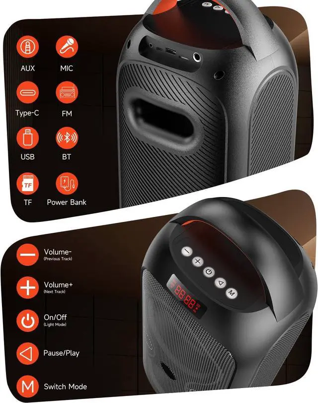 Alt view image 2 of 7 - Portable Bluetooth Speaker 120dB Loud with Beat Sync LED Lights - 5 RGB Modes, Bluetooth 5.3, 30H Playtime, USB/TF/AUX/FM/Mic, TWS Pairing - IPX5 Waterproof for Outdoor, Party, Camping, Beach