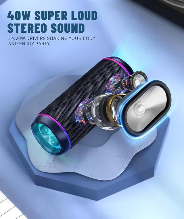 Alt view image 2 of 7 - Ortizan Portable Bluetooth Speaker, 40W Loud Sound and Deep Bass, IPX7 Waterproof, True Wireless Stereo, Bluetooth 5.3, Colorful Flashing Lights, Preset EQ, USB Play, for Home, Outdoor, Party, Black