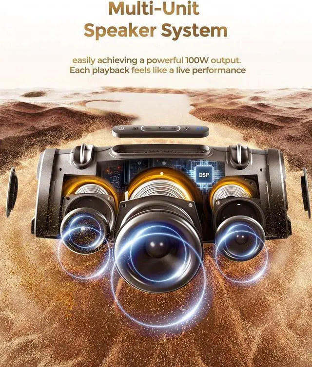 Alt view image 2 of 7 - Sonic Boom 100W(120w Peak) Portable Speaker Loud Wireless Bass Booster with RGB Lights, IPX6 Waterproof Outdoor Large Big Subwoofer, Dual DSP, Indoor/Outdoor for Camping, Party/24H/TF/AUX/EQ