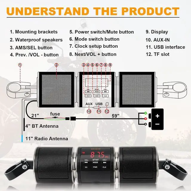 Alt view image 2 of 5 - Motorcycle Speaker Systems BT Waterproof Stereo Speakers Bar Mount 7/8-1.25 inch with AUX-in, USB, microSD, FM Radio,Audio Amplifier System for Motorcycle ATV UTV (MT487)