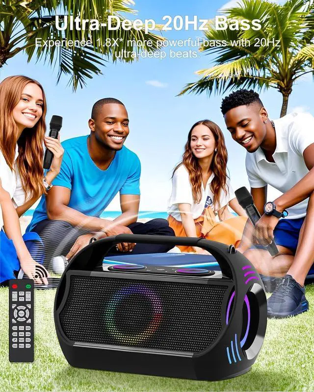 Alt view image 2 of 7 - Bluetooth Speaker Karaoke Machine 100W with 2 Wireless Microphones,20H Playtime,LED Light Show,HD Stereo Sound,Deep Bass,OGT Recording,AUX/USB/TF Music Play for Party,Live Broadcast,Outdoor Sing.