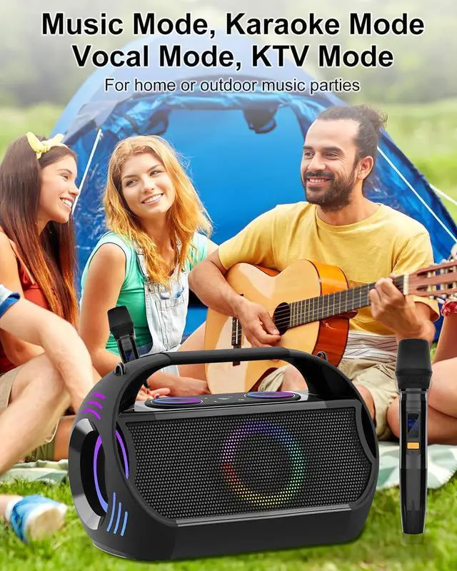 Alt view image 4 of 7 - Bluetooth Speaker Karaoke Machine 100W with 2 Wireless Microphones,20H Playtime,LED Light Show,HD Stereo Sound,Deep Bass,OGT Recording,AUX/USB/TF Music Play for Party,Live Broadcast,Outdoor Sing.
