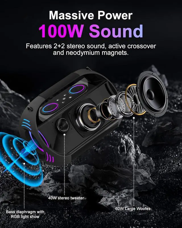 Alt view image 7 of 7 - Bluetooth Speaker Karaoke Machine 100W with 2 Wireless Microphones,20H Playtime,LED Light Show,HD Stereo Sound,Deep Bass,OGT Recording,AUX/USB/TF Music Play for Party,Live Broadcast,Outdoor Sing.