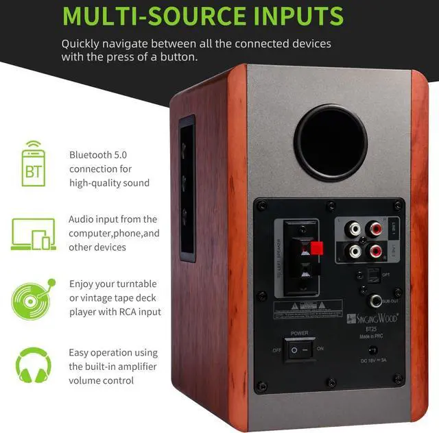 Alt view image 5 of 7 - SINGING WOOD BT25 (2024 Version) Bluetooth Active Bookshelf Speakers for with Optical Aux inputs Subwoofer Line Out for PC, TVs, Turntable, Wooden Enclosure,80W - Cherry Wood