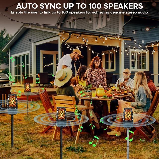 Alt view image 3 of 7 - Upgraded Outdoor Speakers, Auto-Pairing Bluetooth Speaker Gift for Men, Wireless Speaker Multi-Sync up to 100 Speakers with Colorful Light, HD Stereo, Stake, Hook for Patio/Yard/Porch
