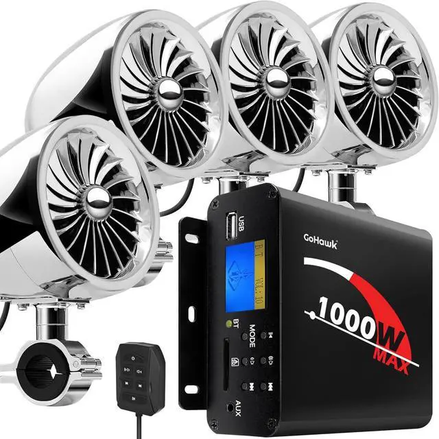 Main image of GoHawk TJ4-Q 1000W 4 Channel Amplifier 4" Full Range Waterproof Bluetooth Motorcycle Stereo Speakers Audio System AUX USB SD Radio for 1-1.5" Handlebar Harley Touring Cruiser ATV