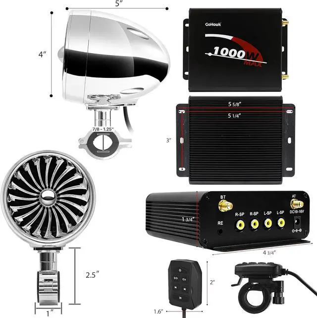 Alt view image 4 of 7 - GoHawk TJ4-Q 1000W 4 Channel Amplifier 4" Full Range Waterproof Bluetooth Motorcycle Stereo Speakers Audio System AUX USB SD Radio for 1-1.5" Handlebar Harley Touring Cruiser ATV
