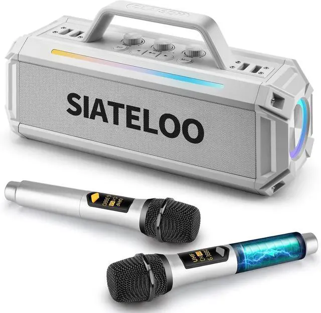 Main image of 80W Outdoor Waterproof Karaoke Machine with 2 UHF Wireless Mics, IP65, 12H Playtime, Deep Bass, RGB Lights - SIATELOO (White)