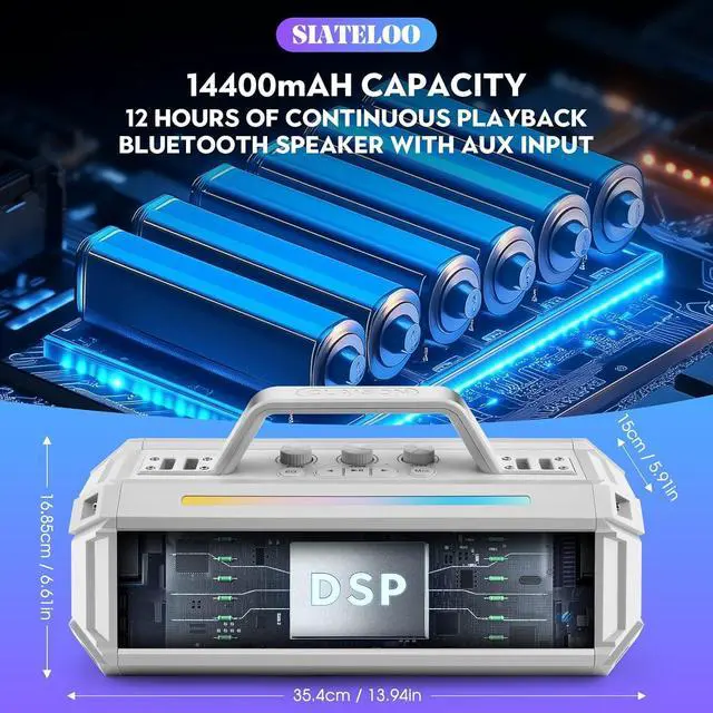 Alt view image 3 of 6 - 80W Outdoor Waterproof Karaoke Machine with 2 UHF Wireless Mics, IP65, 12H Playtime, Deep Bass, RGB Lights - SIATELOO (White)