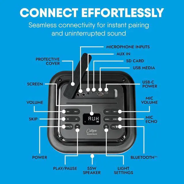 Alt view image 4 of 7 - Carry-on Soundtrack Portable Bluetooth Speaker - Dual Microphone Inputs with LED Lighting - Outdoor Speaker with Superior Sound - Lightweight Design Great for Indoor/Outdoor Events - 5V/2A Charging