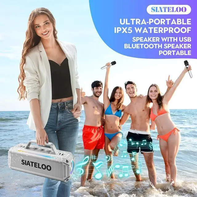 Alt view image 4 of 6 - 80W Outdoor Waterproof Karaoke Machine with 2 UHF Wireless Mics, IP65, 12H Playtime, Deep Bass, RGB Lights - SIATELOO (White)