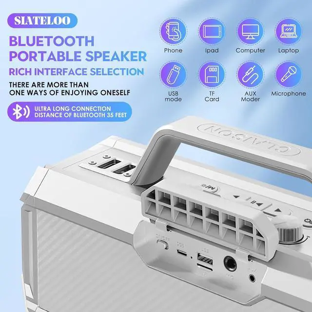 Alt view image 5 of 6 - 80W Outdoor Waterproof Karaoke Machine with 2 UHF Wireless Mics, IP65, 12H Playtime, Deep Bass, RGB Lights - SIATELOO (White)