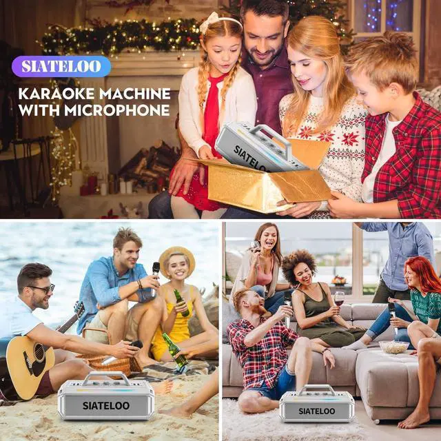 Alt view image 6 of 6 - 80W Outdoor Waterproof Karaoke Machine with 2 UHF Wireless Mics, IP65, 12H Playtime, Deep Bass, RGB Lights - SIATELOO (White)