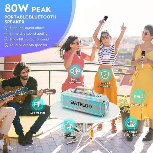 Alt view image 2 of 6 - 80W Outdoor Waterproof Karaoke Machine with 2 UHF Wireless Mics, IP65, 12H Playtime, Deep Bass, RGB Lights - SIATELOO (White)