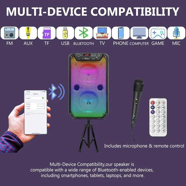 Alt view image 5 of 7 - TTA-206 Dual 6''Woofer Portable Bluetooth Speaker with Stand/Microphone and LED Flame Light, Amazing Blazing Power,Precision-Tuned Bluetooth Stereo Sound, 10M Wireless Range,for Home/Outdoor,Gift