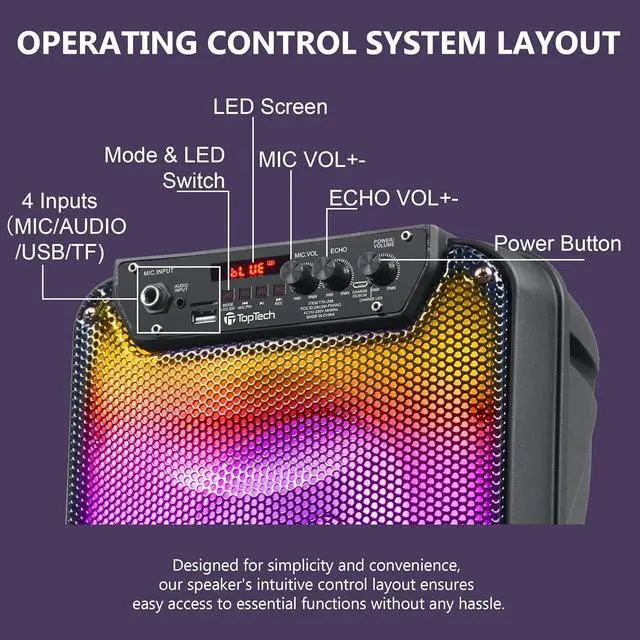 Alt view image 6 of 7 - TTA-206 Dual 6''Woofer Portable Bluetooth Speaker with Stand/Microphone and LED Flame Light, Amazing Blazing Power,Precision-Tuned Bluetooth Stereo Sound, 10M Wireless Range,for Home/Outdoor,Gift