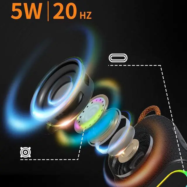 Alt view image 3 of 3 - Bluetooth Speaker IPX5 Waterproof with 3 RGB Light Modes, 8H Playtime, 5W HD Sound, TF/AUX Support, Portable for Outdoor/Indoor Use