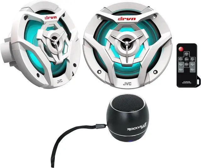 Main image of Audiosavings Bundle: (2) JVC CS-DR621MWL 6.5" 75 Watt RMS 2-Way RBG LED Marine Boat Speakers Bundle with (1) Rockville RPB2-BLACK Handheld Wireless Portable Bluetooth Speaker (3 Items)