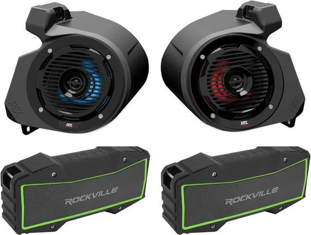Main image of Audiosavings Bundle: MTX RZR-14-FS Kick Panel Speakers in Pods for Polaris RZR 1000/900S/900/Turbo S Bundle with (2) Rockville Rock Everywhere Portable Bluetooth Speaker/Wireless Link (3 Items)