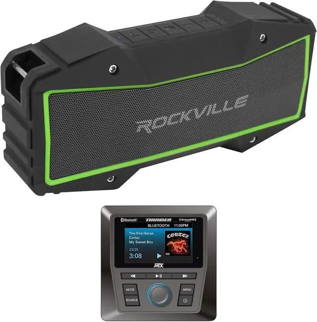 Main image of Audiosavings Bundle:(1) MTX AWMC3 Marine Receiver w/Bluetooth AM/FM/WB/SiriusXM 4 Boat/RZR/ATV/UTV/Cart Bundle with (1) Rockville Rock Everywhere Portable Bluetooth Speaker (2 Items)
