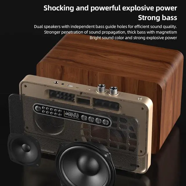 Alt view image 3 of 7 - Portable Speaker, BT5.0 Cordless Bluetooth Speaker,3000mAh Wooden Retro Cordless Bass Speaker, Portable Bluetooth Speaker Support for MP3 WAV WMA