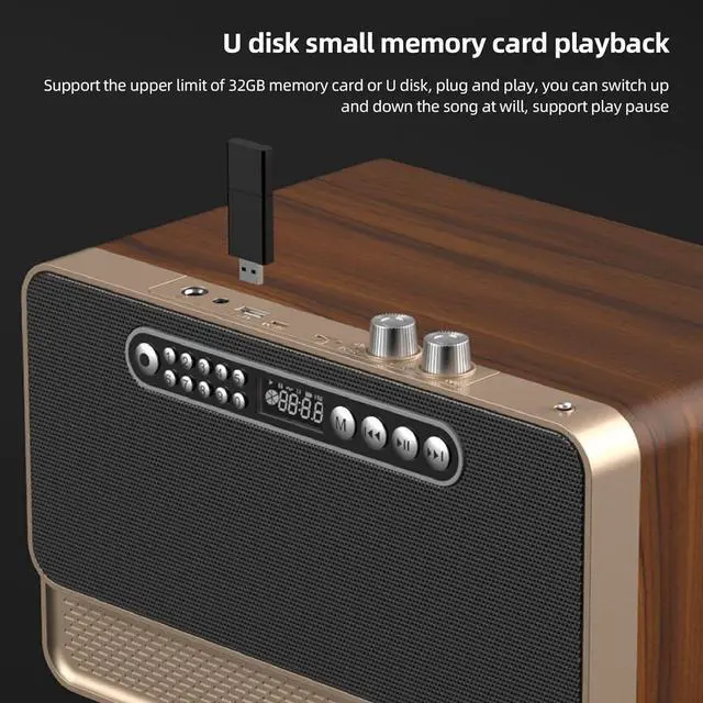 Alt view image 4 of 7 - Portable Speaker, BT5.0 Cordless Bluetooth Speaker,3000mAh Wooden Retro Cordless Bass Speaker, Portable Bluetooth Speaker Support for MP3 WAV WMA