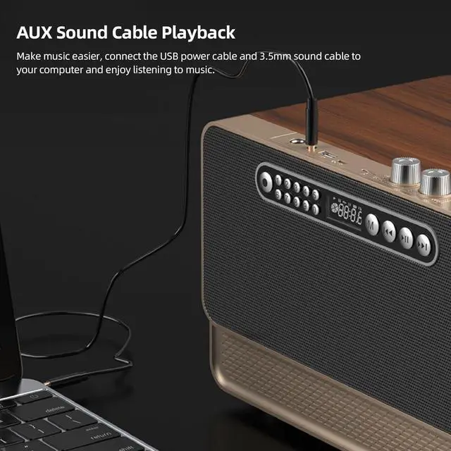 Alt view image 5 of 7 - Portable Speaker, BT5.0 Cordless Bluetooth Speaker,3000mAh Wooden Retro Cordless Bass Speaker, Portable Bluetooth Speaker Support for MP3 WAV WMA