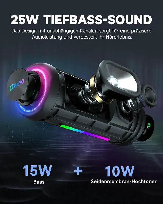 Alt view image 3 of 7 - OHAYO Portable Bluetooth Speaker with Dazzling Lights, IPX7 Waterproof, Wireless Stereo Pairing, 25W Powerful Sound, Bass Up, Bluetooth 5.3, 24H Playtime for Home/Outdoor/Beach/Travel (Light Black)