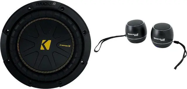 Main image of Audiosavings Bundle: (1) Kicker 50CWCD84 CompC 8" Subwoofer DVC 4 ohm Car Stereo Sub CWCD84 Bundle with (1) Pair Rockville RPB3-BLACK Handheld Wireless Linking Portable Bluetooth Speakers (2 Items)
