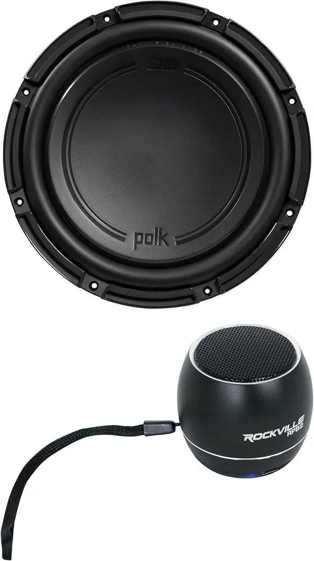 Main image of Audiosavings Bundle: (1) Polk Audio DB1242DVC 12 1110 Watt Dual 4-Ohm Car/Marine Audio Subwoofer Sub Bundle with (1) Rockville RPB2-BLACK Handheld Wireless Portable Bluetooth Speaker Sound (Items 2)