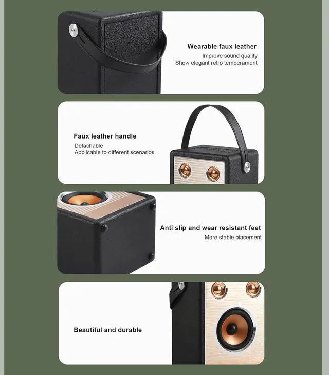 Alt view image 4 of 6 - Bluetooth Speaker Powerful Rechargeable Support Memory Card AUX Retro Portable Speaker with Handle for Various Scenarios (Black (Export Version))