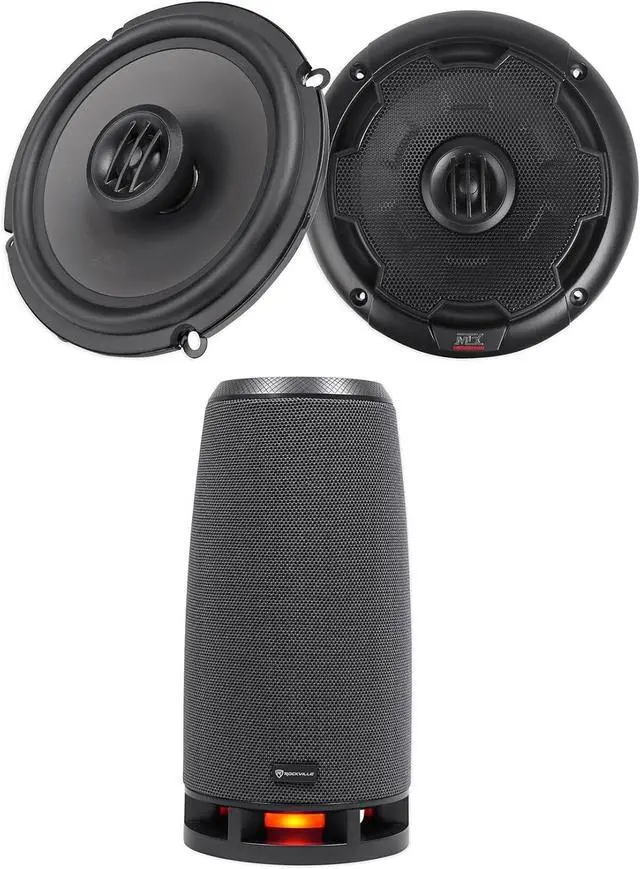 Main image of Audiosavings Bundle: Pair of MTX THUNDER65 6.5" 240 Watt 2-Way Car Audio Coaxial Speakers Bundle with Rockville RockShip 50 Watt Portable Bluetooth Speaker w/LED Lights+Radio/USB/AUX (2 Items)