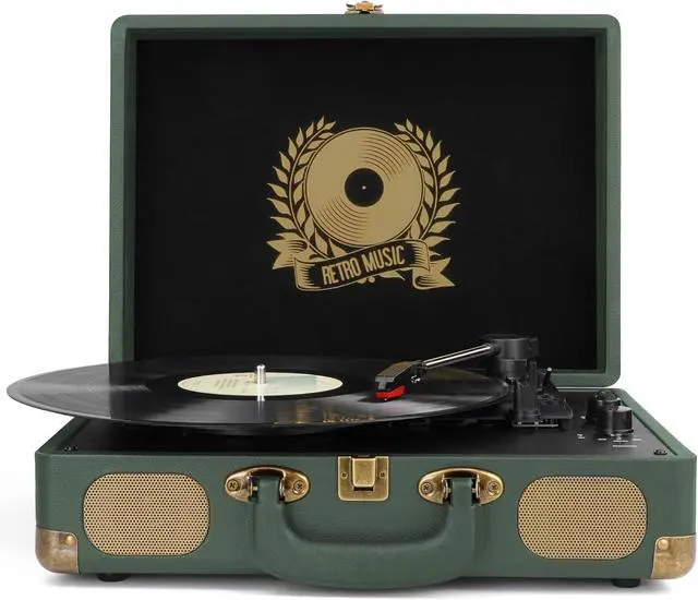 Alt view image 2 of 7 - Vinyl Record Player Bluetooth 3-Speed Portable Vintage Suitcase with Built-in Speakers, RCA Line Out AUX in Headphone Jack Vintage Turntable,Military Green