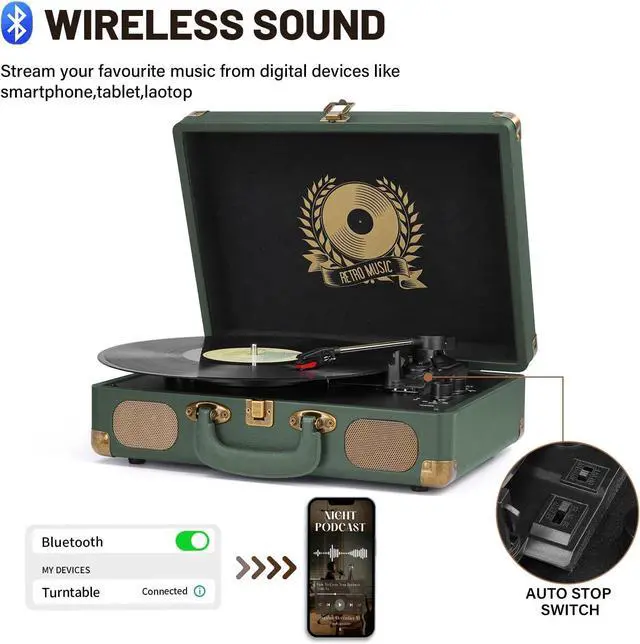 Alt view image 3 of 7 - Vinyl Record Player Bluetooth 3-Speed Portable Vintage Suitcase with Built-in Speakers, RCA Line Out AUX in Headphone Jack Vintage Turntable,Military Green