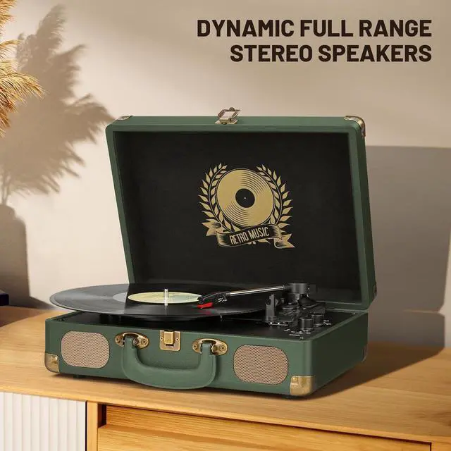 Alt view image 4 of 7 - Vinyl Record Player Bluetooth 3-Speed Portable Vintage Suitcase with Built-in Speakers, RCA Line Out AUX in Headphone Jack Vintage Turntable,Military Green